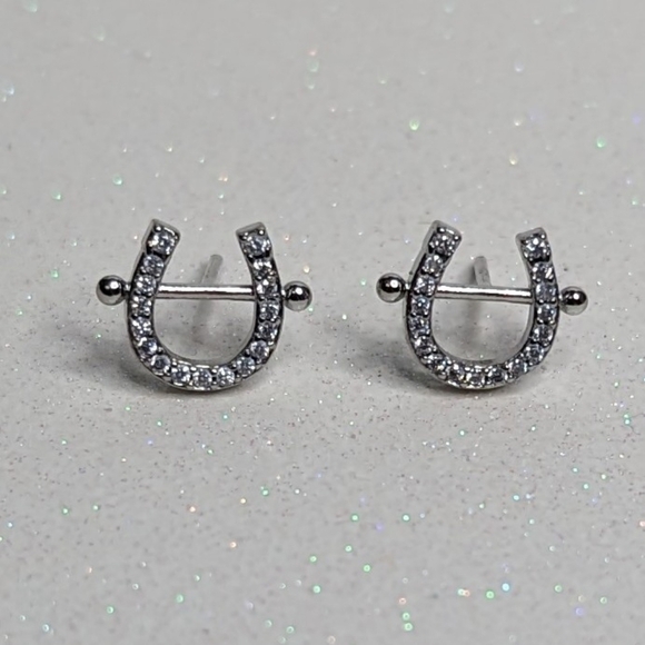 Jewelry - Horseshoe Shaped Silver Rhinestone Stud Earrings